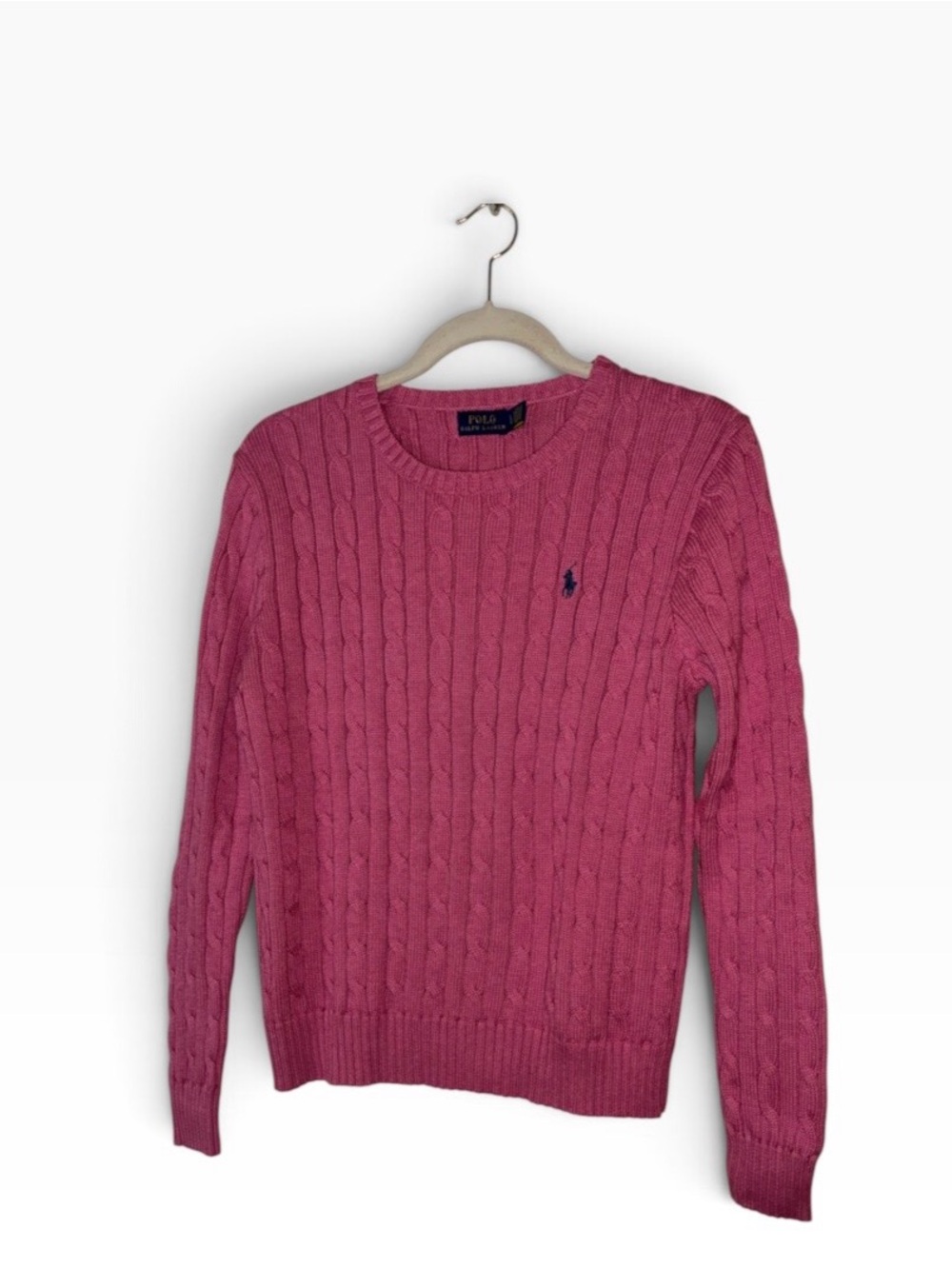 Polo by Ralph Lauren Women's Pink Cable-Knit Crewneck Sweater Navy pony Sz L
